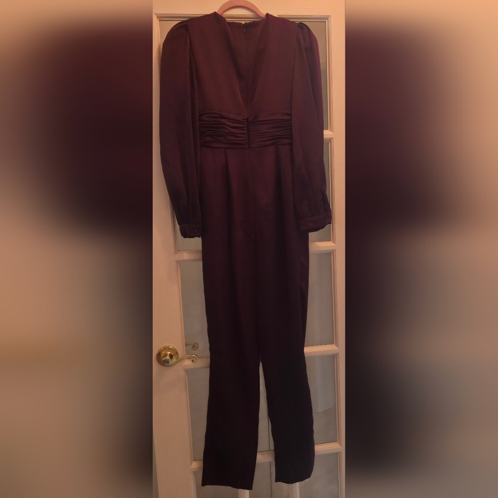 Mac Duggal Elegant Deep Purple/ Plum Plunge Neckline Satin Long Sleeve Jumpsuit - Picture 13 of 16